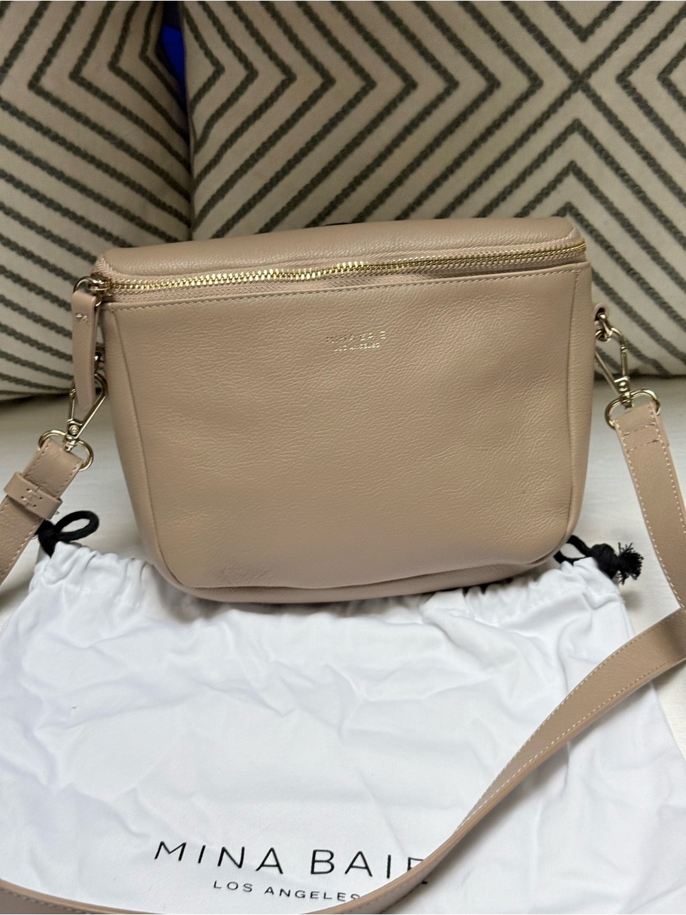 Mina Baie Nude Beige Leather Crossbody Bag with Gold Hardware - Picture 6 of 8